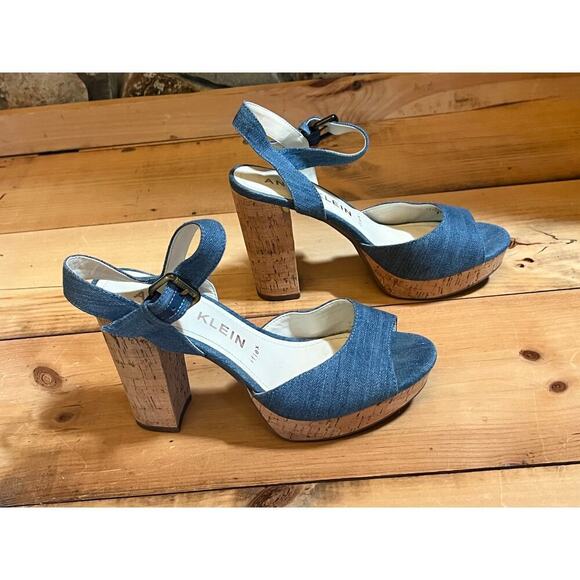 Anne Klein Denim Peep Toe Cork Heels - Women's Size 9M - Picture 1 of 7